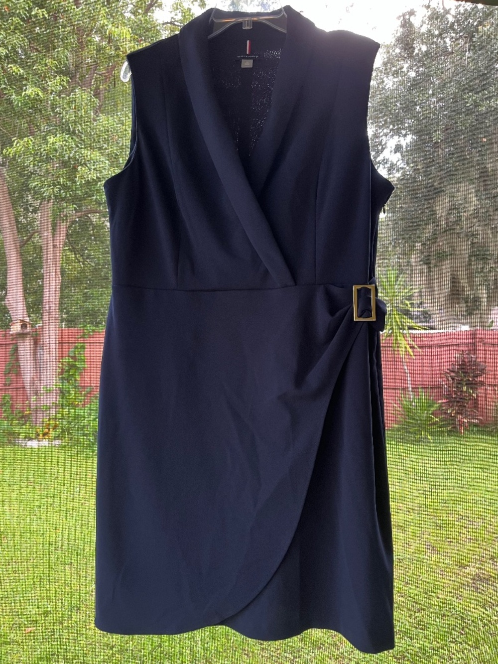 Tommy Hilfiger Dress Sz 14 Navy Blue Faux Wrap Sleeveless Sheath